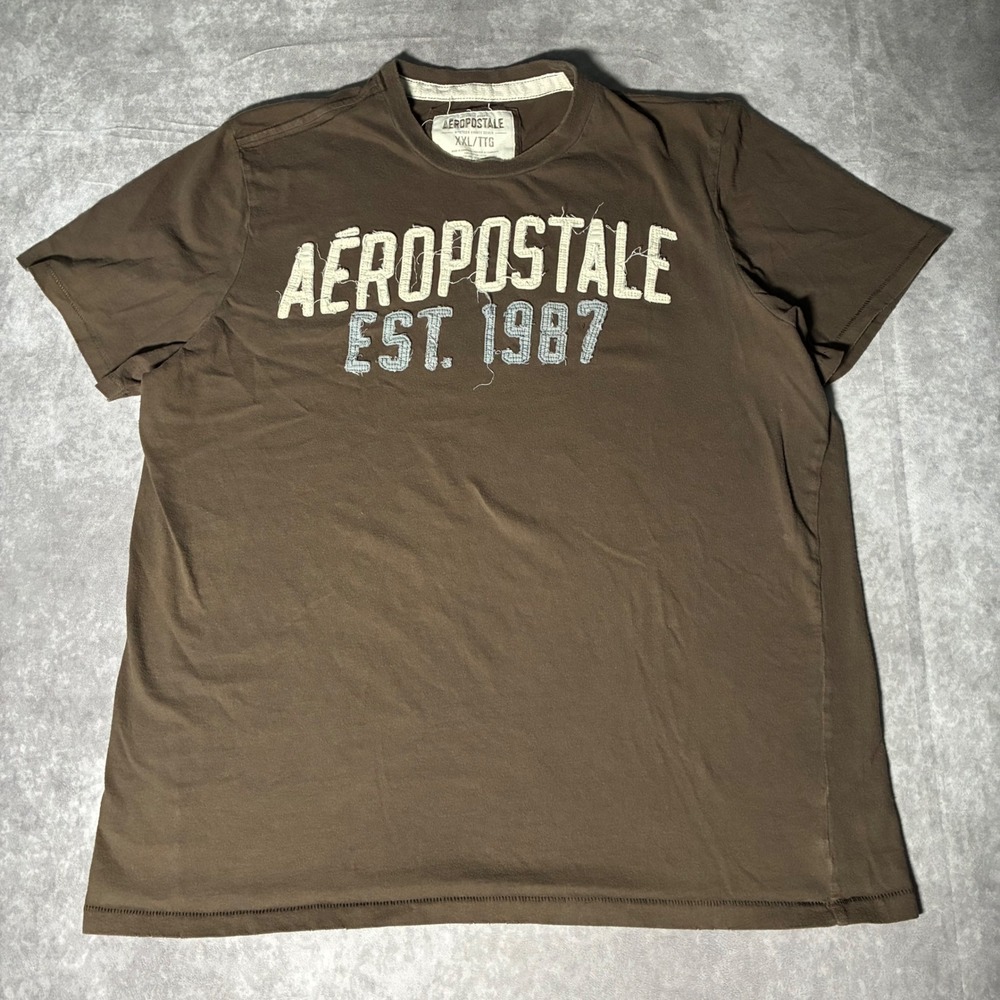 Y2K Aeropostale Mens XXL Brown Graphic T-Shirt Applique Logo Est 1987 Cotton Tee